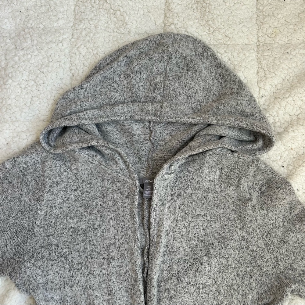 AERIE Comfy Gray Hooded Cardigan with Belt - Picture 6 of 15